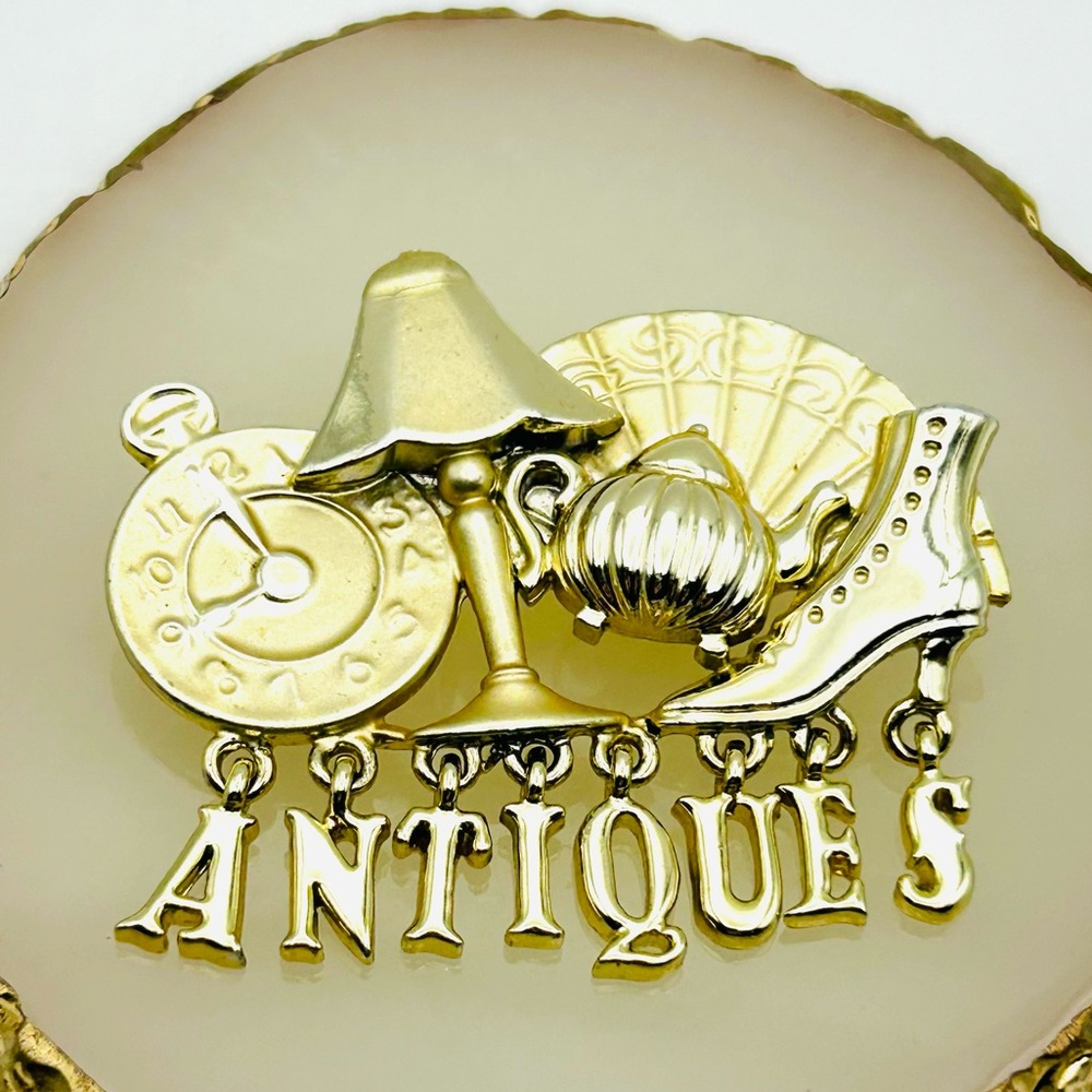 Vintage Signed AJC 1990s Gold Tone Antiques Pin Brooch